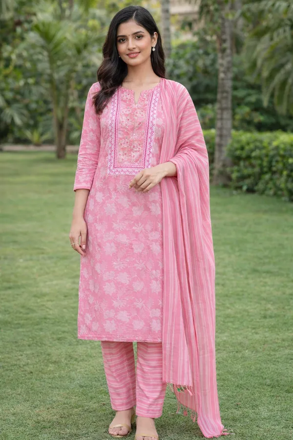 Pink_Floral_Embroidered_Unstitched_Unstitched_Suit_Material_With_Striped_Bottom_Fabric