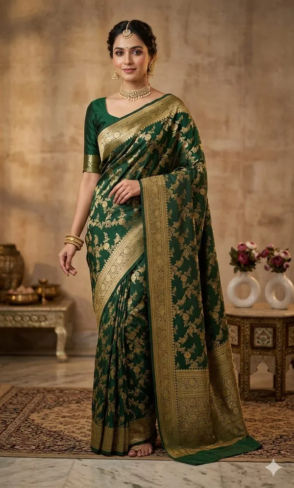 Green_Banarsi_Silk_Saree_With_Blouse