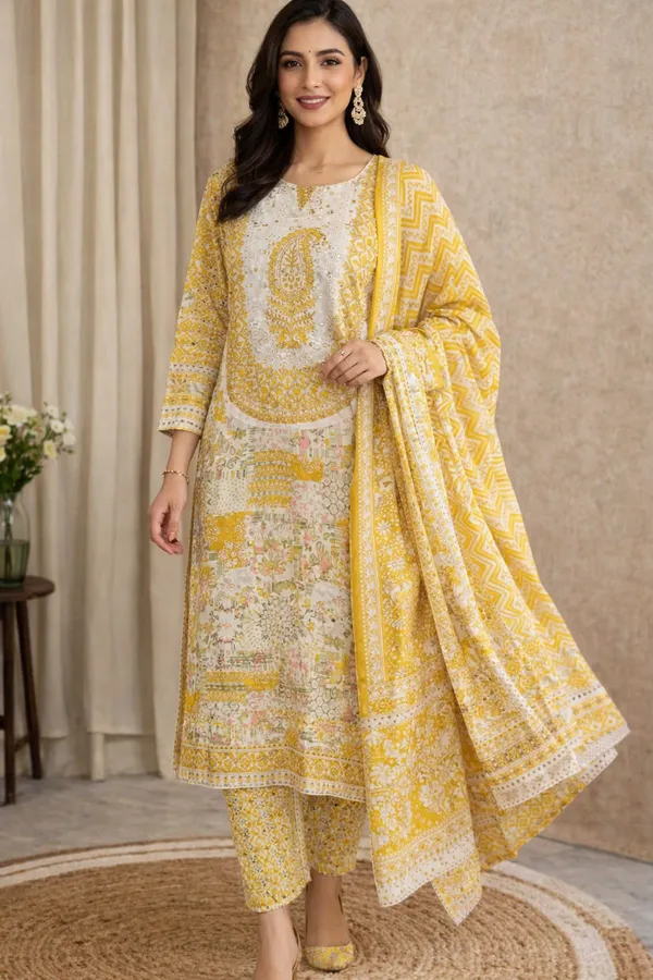 Yellow_Cotton_Unstitched_Suit_Material_With_Dupatta
