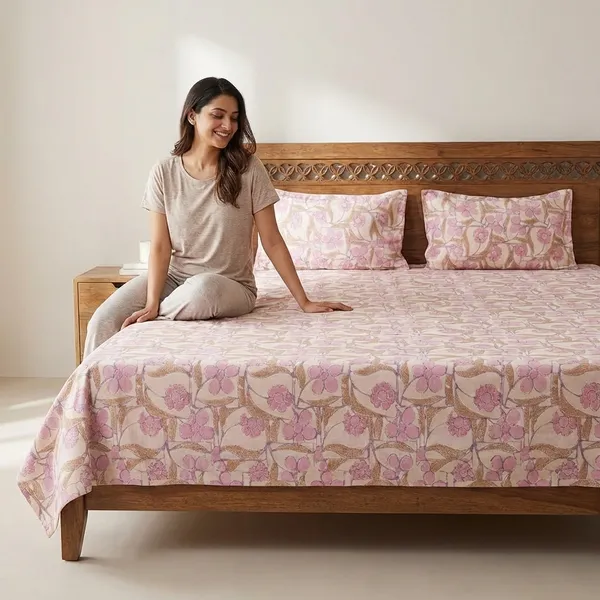 Pink_Floral_Print_Double_Bedsheet_With_Pillow_Covers