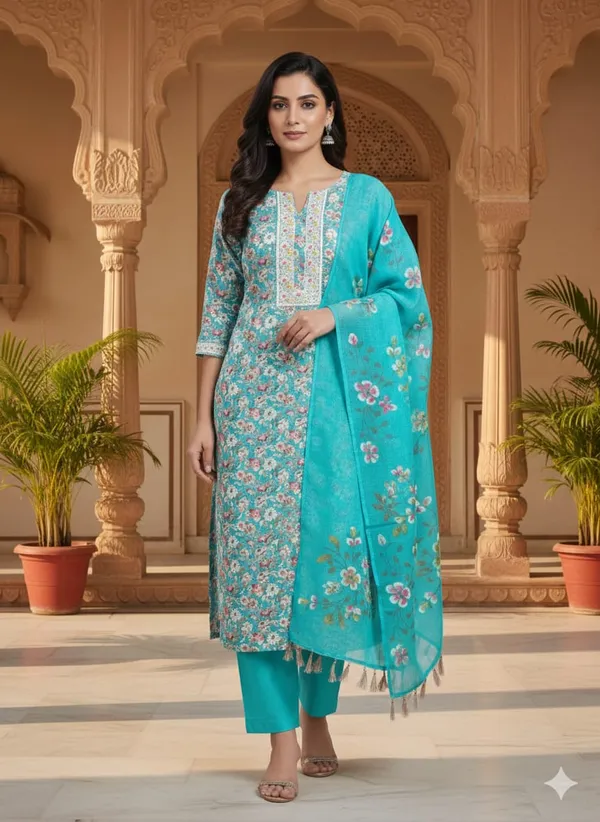 Turquoise_Floral_Print_Cotton_Unstitched_Suit_Material_With_Dupatta