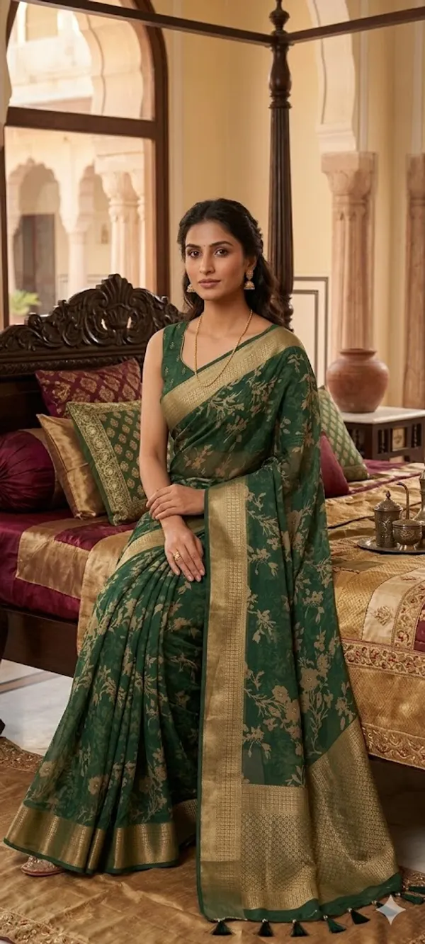 Green_&Golden_Floral_Print_Georgette_Saree_With_Blouse