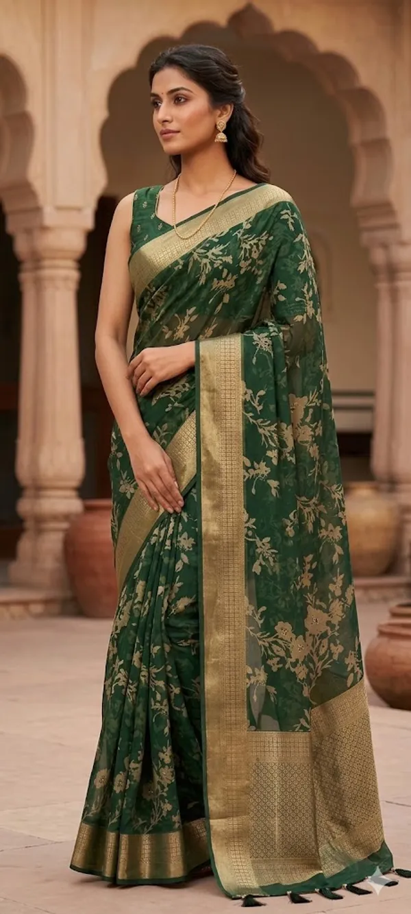 Green_&Golden_Floral_Print_Georgette_Saree_With_Blouse