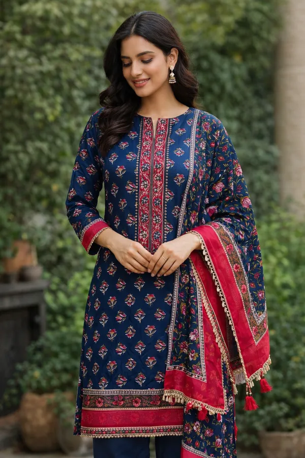 Traditional_Ethnic_Cotton_Unstitched_Suit_Material-Navy_Blue_With_Floral_Print_Red_Border_Dupatta