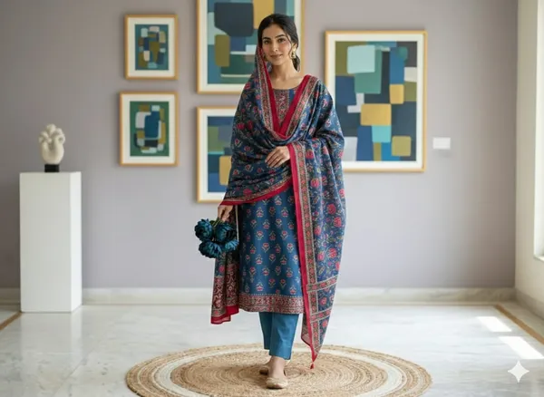 Traditional_Ethnic_Cotton_Unstitched_Suit_Material-Navy_Blue_With_Floral_Print_Red_Border_Dupatta