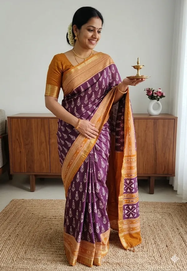 Purple_Muslin_Ikat_Print_Saree_With_Blouse