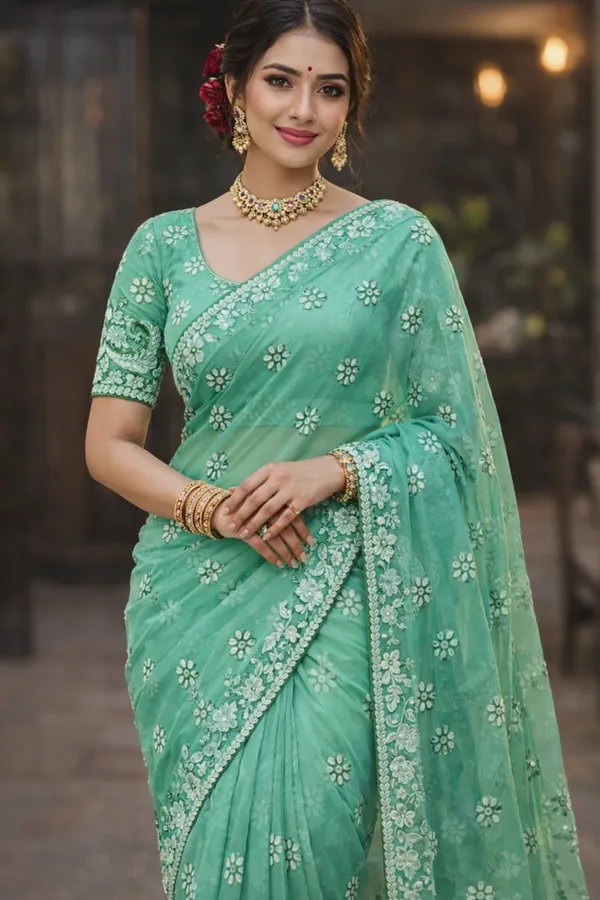 Green_Georgette_Chickankari_Hand_Work_Saree_With_Blouse
