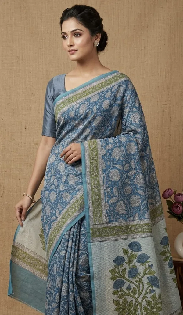 Blue_Floral_Print_Kota_Doriya_Saree_With_Blouse