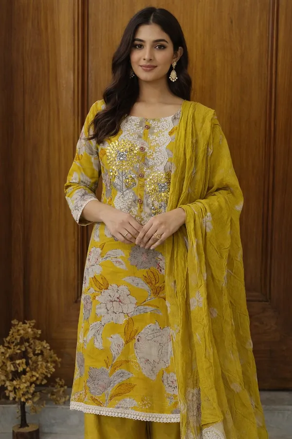 Yellow_Floral_Print_Unstitched_Unstitched_Suit_Material_With_Lace_Work_And_Dupatta