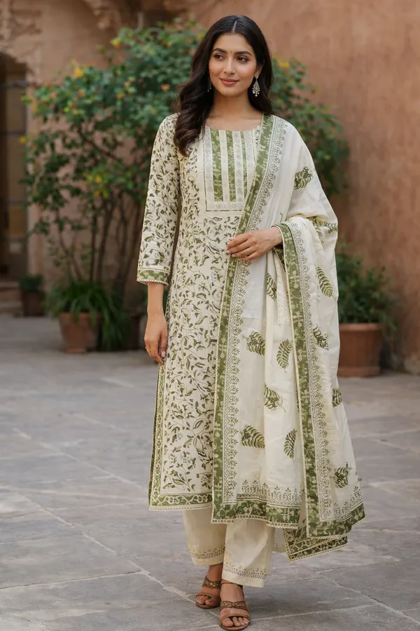 Green_And_White_Ethnic_Print_Unstitched_Cotton_Unstitched_Suit_Set_With_Chikankari_Fabric