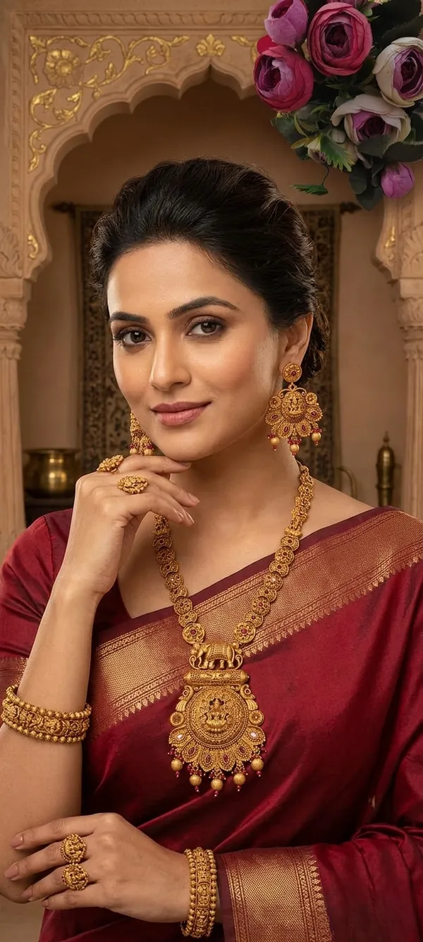 Traditional_Gold-Plated_Temple_Jewelry_Necklace_Set_With_Ruby_Accents