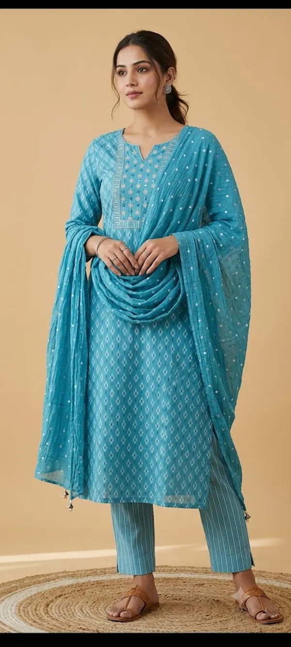 Beauty_with_Blue_Unstitched_Suit_Material_With_Bandhej_Dupatta