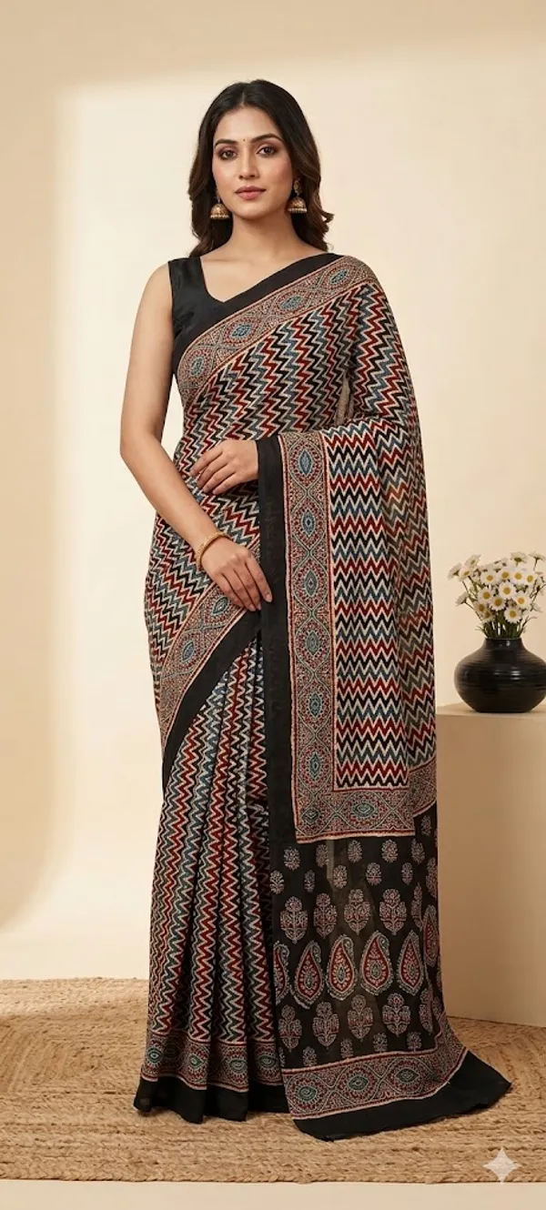 Pure_Modal_Ajrak_Hand_Block_Silk_Saree_With_Blouse