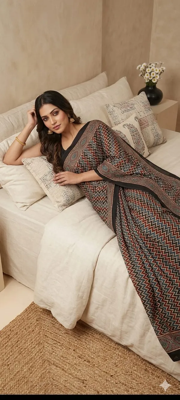 Pure_Modal_Ajrak_Hand_Block_Silk_Saree_With_Blouse