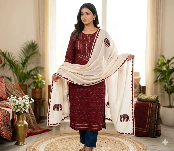 Handblock_Print_Cotton_Unstitched_Suit_Material_With_Aplique_Work_On_Dupatta_(Blue_And_Maroon)
