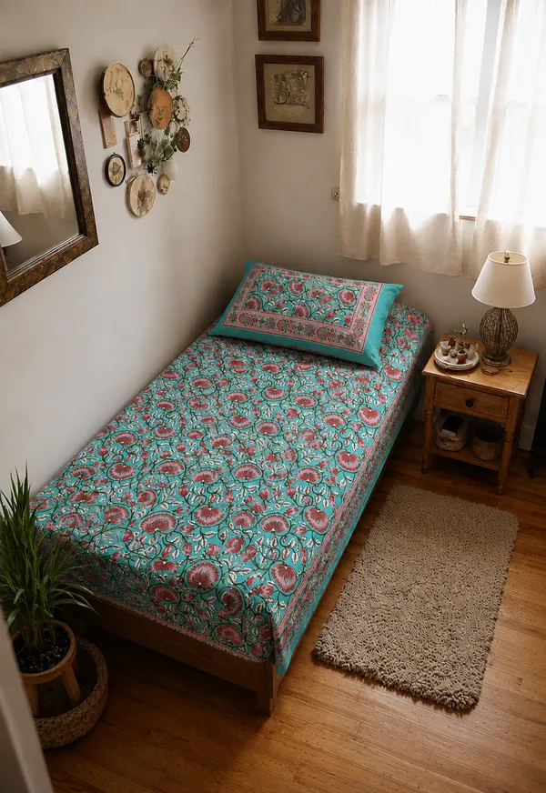Aqua_Bloom_Floral_Hand_Block_Print_Single_Bedsheet_with_Pillow_Cover_–_60×90_Inch