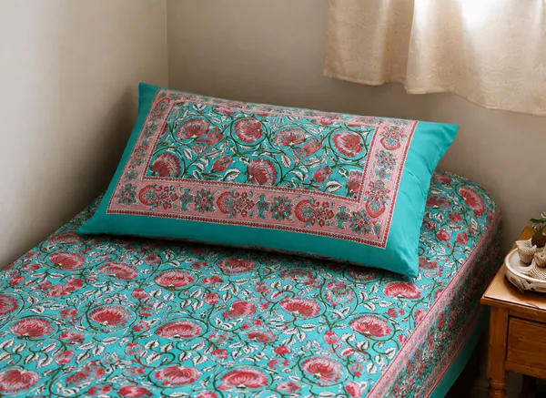 Aqua_Bloom_Floral_Hand_Block_Print_Single_Bedsheet_with_Pillow_Cover_–_60×90_Inch