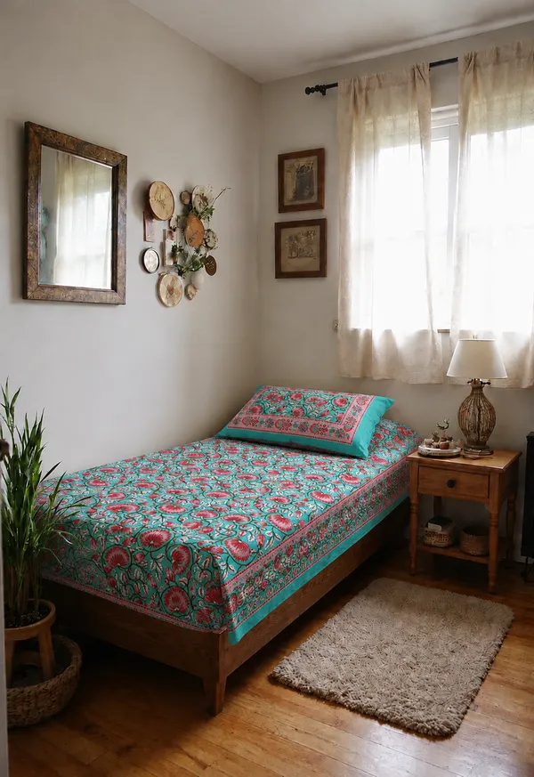 Aqua_Bloom_Floral_Hand_Block_Print_Single_Bedsheet_with_Pillow_Cover_–_60×90_Inch