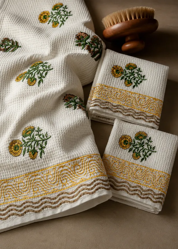 Sunflower_Premium_Waffle_Cotton_Towel_Set_of_3_|_1_Bath_Towel_&_2_Hand_Towels