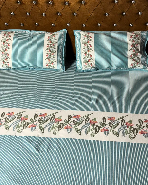 Aqua_Blue_Floral_Striped_Cotton_Bedsheet_Set_with_2_Pillow_Covers_|_Soft_Double_Bed_Bedding_Set