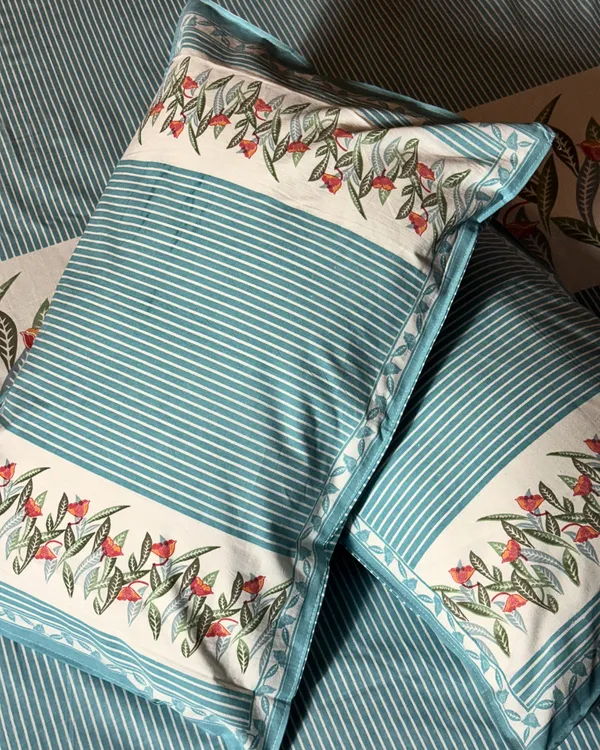 Aqua_Blue_Floral_Striped_Cotton_Bedsheet_Set_with_2_Pillow_Covers_|_Soft_Double_Bed_Bedding_Set