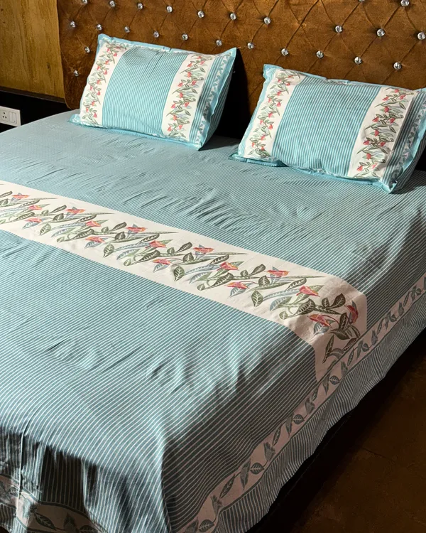 Aqua_Blue_Floral_Striped_Cotton_Bedsheet_Set_with_2_Pillow_Covers_|_Soft_Double_Bed_Bedding_Set
