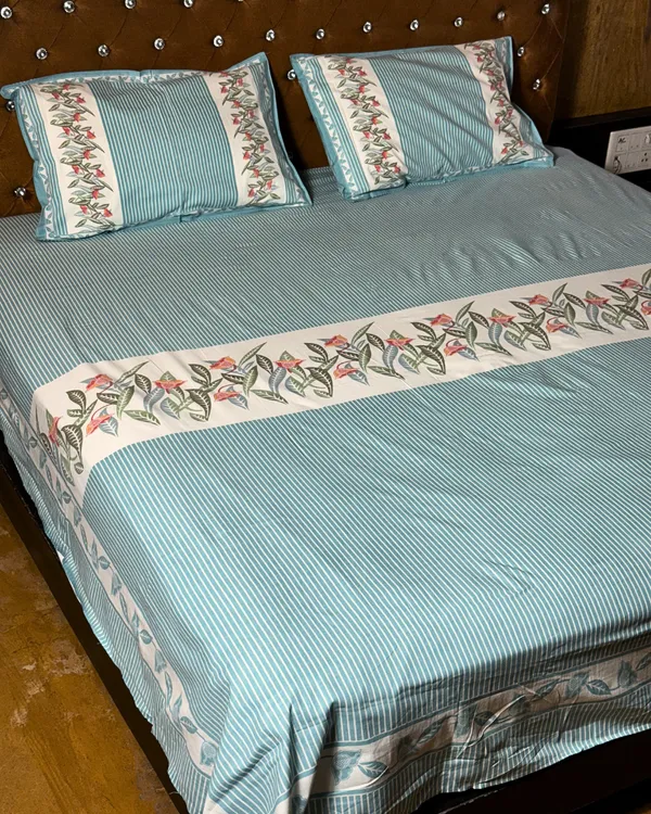 Aqua_Blue_Floral_Striped_Cotton_Bedsheet_Set_with_2_Pillow_Covers_|_Soft_Double_Bed_Bedding_Set