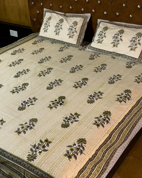 Beige_&_Olive_Floral_Cotton_Bedsheet_with_2_Pillow_Covers_|_Elegant_Ethnic_Printed_Double_Bed_Bedding_Set