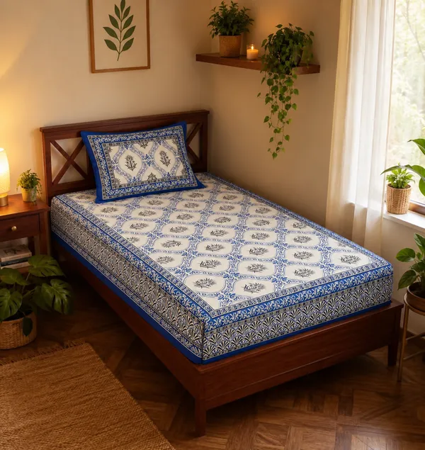 Blue_Botanical_Block_Print_Single_Bedsheet_with_Pillow_Cover_–_60_×_90_Inches