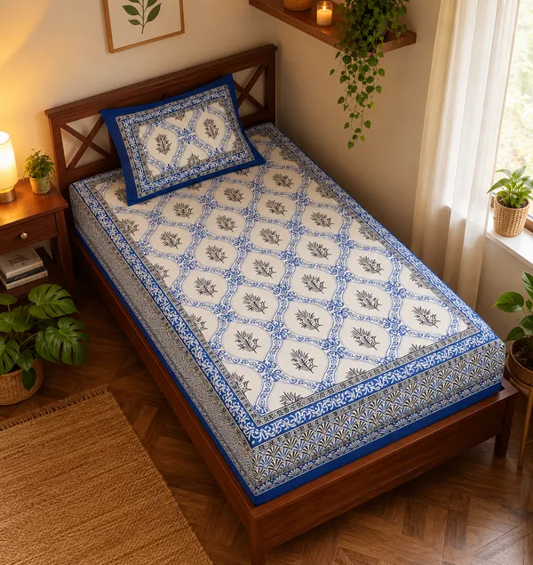 Blue_Botanical_Block_Print_Single_Bedsheet_with_Pillow_Cover_–_60_×_90_Inches