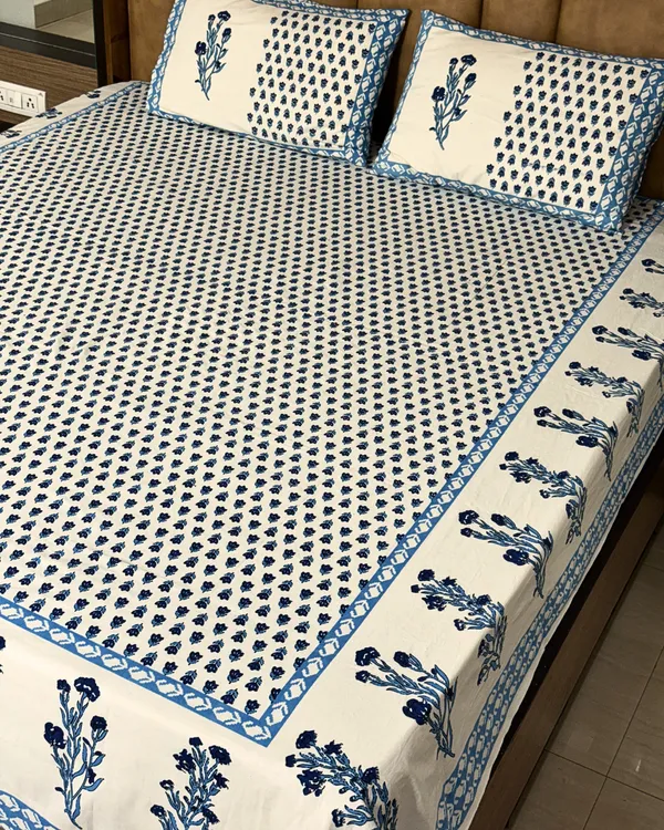 Blue_Floral_Printed_Cotton_Bedsheet_Set_with_2_Pillow_Covers_|_Elegant_Handblock_Style_Bedding_Set