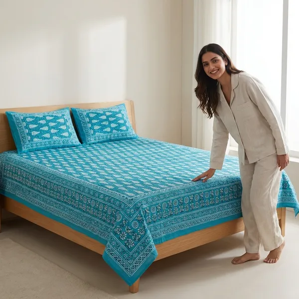 Jaipur_Teal_Gulmohar_Queen_Size_Bedsheet_And_Two_Pillow_Covers_90_X_100