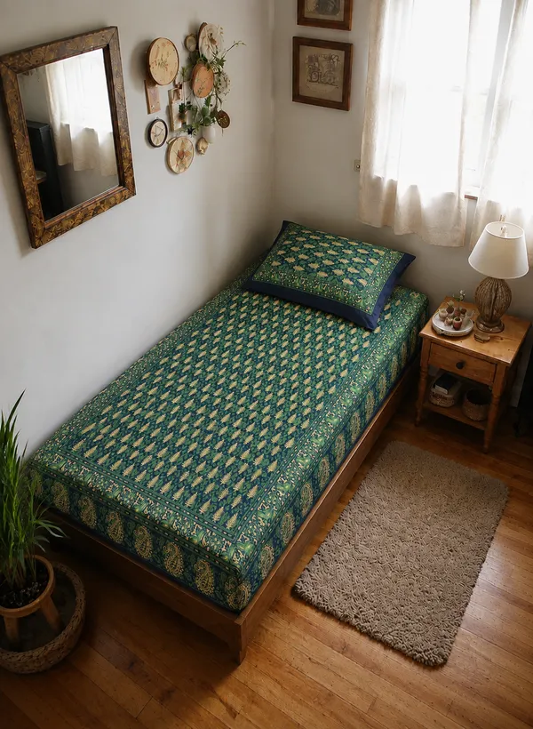 Green_Traditional_Paisley_Single_Bedsheet_with_Pillow_Cover_|_60_×_90_Inches_|_Elegant_Printed_Cotton_Bedsheet