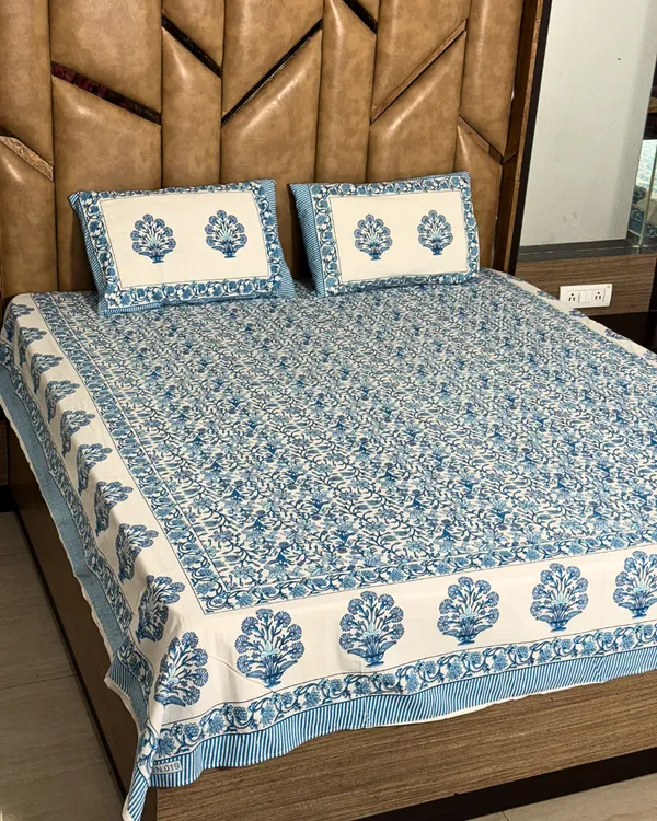 Handblock_Blue_Floral_Cotton_Bedsheet_Set_with_2_Pillow_Covers_|_Traditional_Printed_Bedding_Set