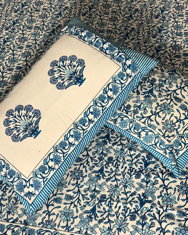 Handblock_Blue_Floral_Cotton_Bedsheet_Set_with_2_Pillow_Covers_|_Traditional_Printed_Bedding_Set