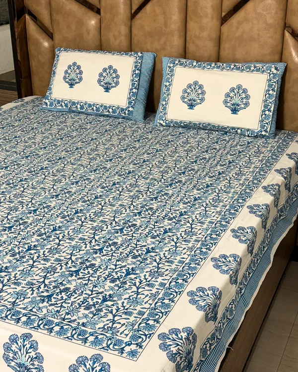 Handblock_Blue_Floral_Cotton_Bedsheet_Set_with_2_Pillow_Covers_|_Traditional_Printed_Bedding_Set