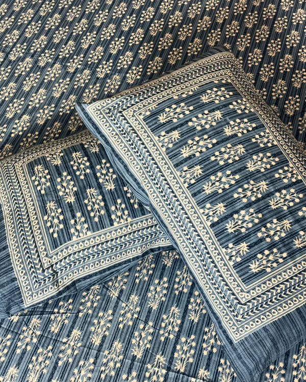 Handblock_Blue_Floral_Cotton_Bedsheet_Set_with_2_Pillow_Covers_|_Traditional_Printed_Bedding_Set