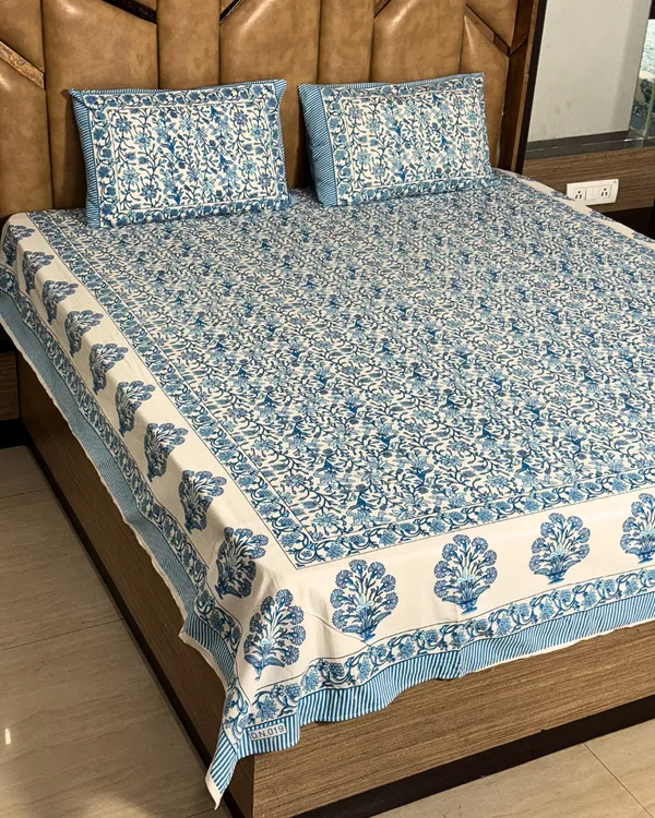 Handblock_Blue_Floral_Cotton_Bedsheet_Set_with_2_Pillow_Covers_|_Traditional_Printed_Bedding_Set