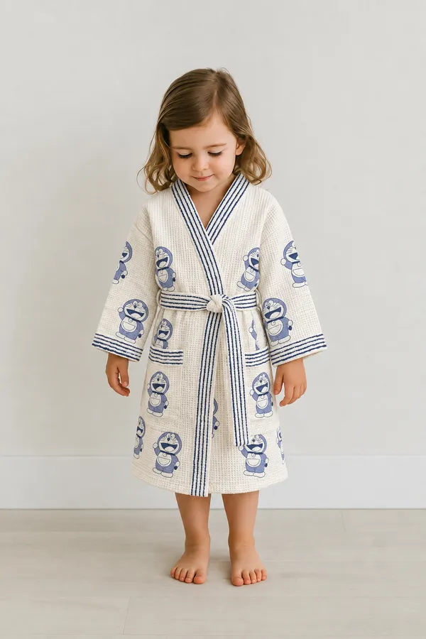 Kids_Doraemon_Block_Print_Cotton_Waffle_Bathrobe