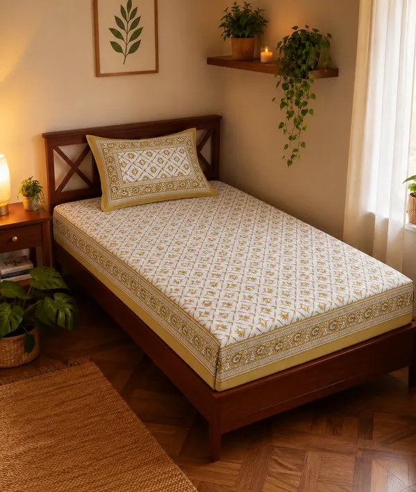 Mustard_Yellow_Geometric_Floral_Print_Single_Bedsheet_with_1_Pillow_Cover