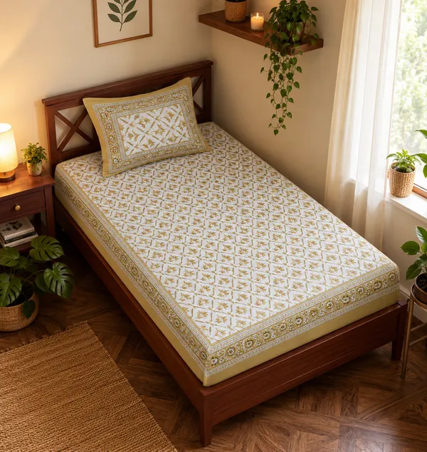 Mustard_Yellow_Geometric_Floral_Print_Single_Bedsheet_with_1_Pillow_Cover