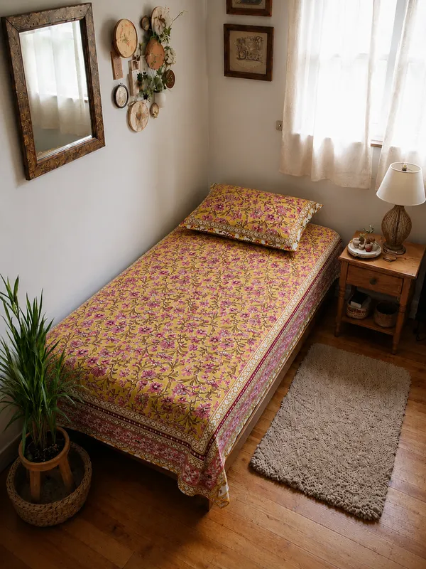 Mustard_Floral_Vine_Printed_Single_Bedsheet_with_Pillow_Cover