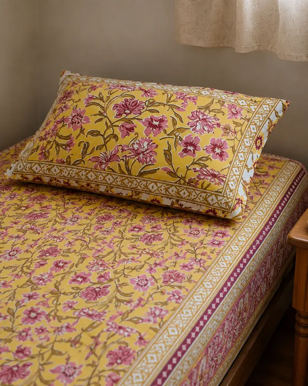 Mustard_Floral_Vine_Printed_Single_Bedsheet_with_Pillow_Cover