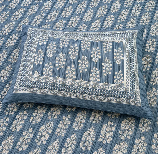 Indigo_Blue_Floral_Stripe_Single_Bedsheet_with_Pillow_Cover