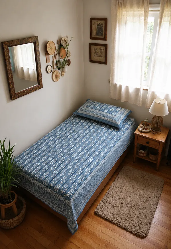 Indigo_Blue_Floral_Stripe_Single_Bedsheet_with_Pillow_Cover