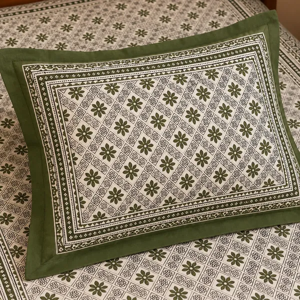 Olive_Green_Botanical_Floral_Print_Single_Bedsheet_with_1_Pillow_Cover