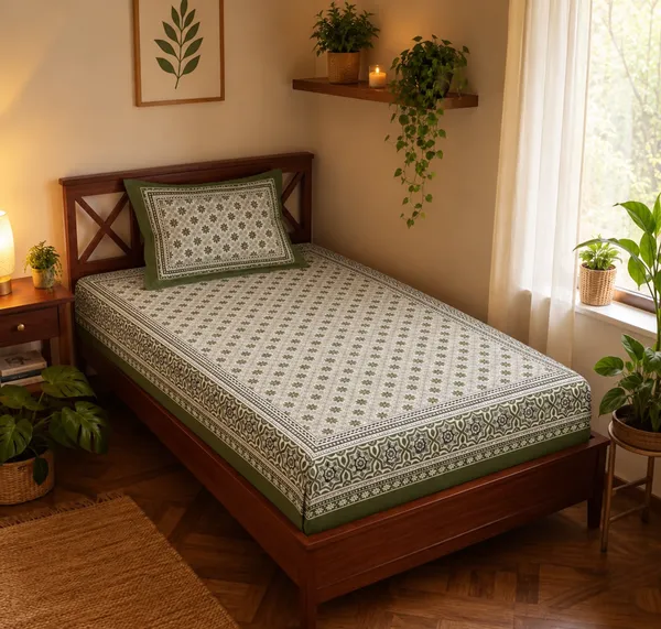 Olive_Green_Botanical_Floral_Print_Single_Bedsheet_with_1_Pillow_Cover