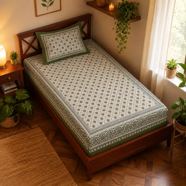 Olive_Green_Botanical_Floral_Print_Single_Bedsheet_with_1_Pillow_Cover