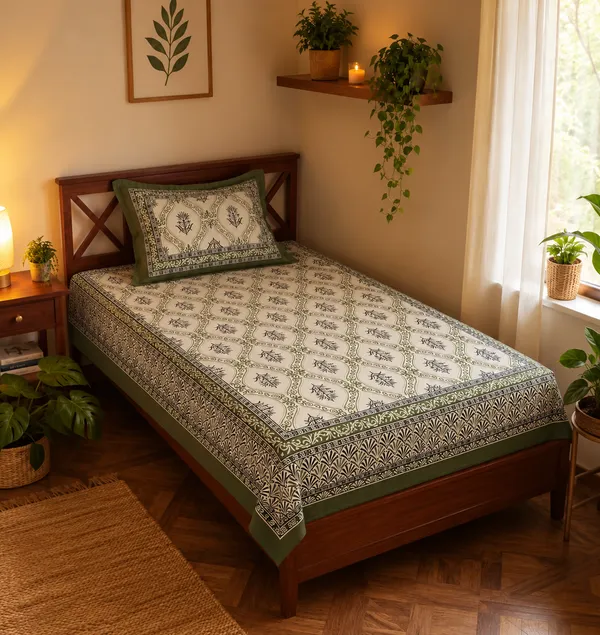 Olive_Green_Traditional_Botanical_Print_Single_Bedsheet_with_1_Pillow_Cover