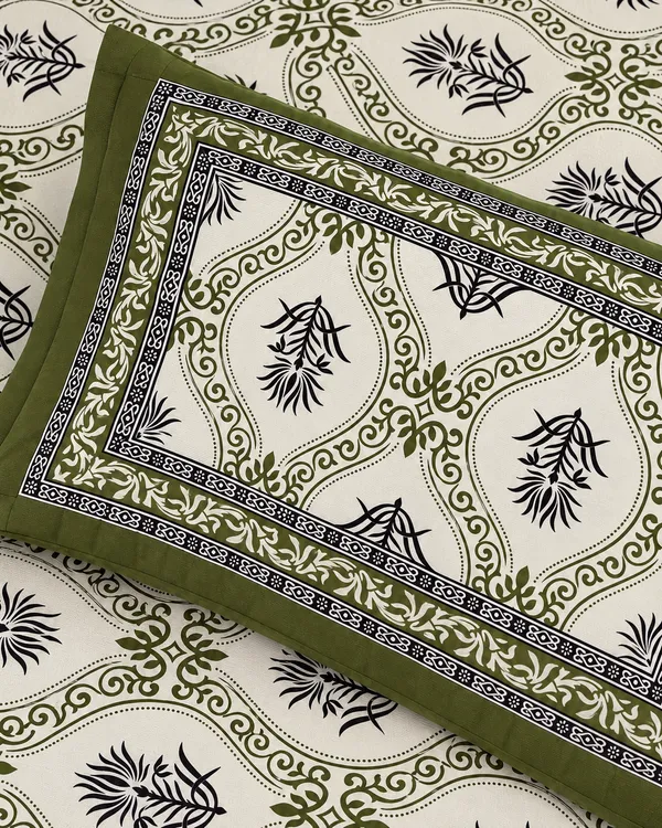 Olive_Green_Traditional_Botanical_Print_Single_Bedsheet_with_1_Pillow_Cover